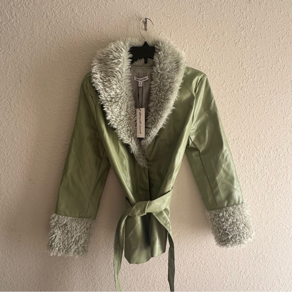 Sage Green Teddy Jacket with Faux Fur Trim